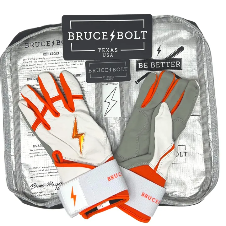 Sale CHROME Series Long Cuff Batting Gloves White|Orange
